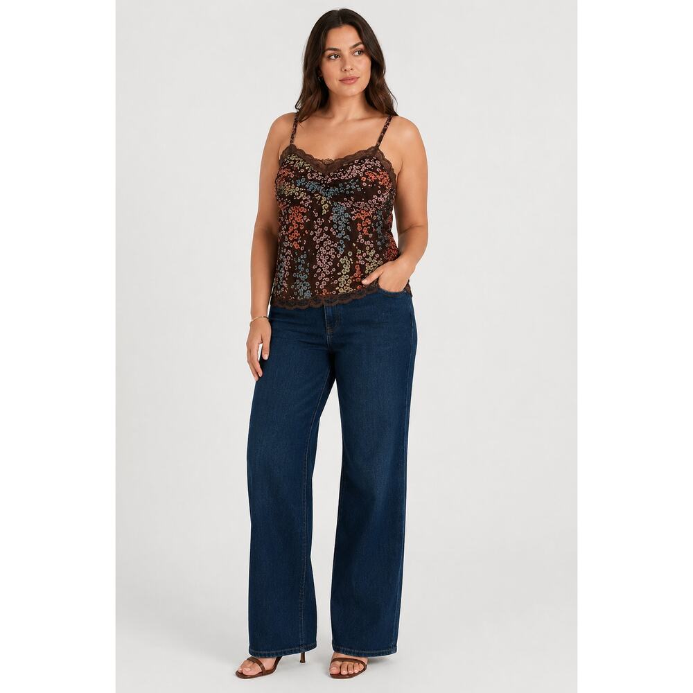 Style & Co Women's Tank Top Lace Trim Silk Spaghetti Strap Floral Brown Size 16
